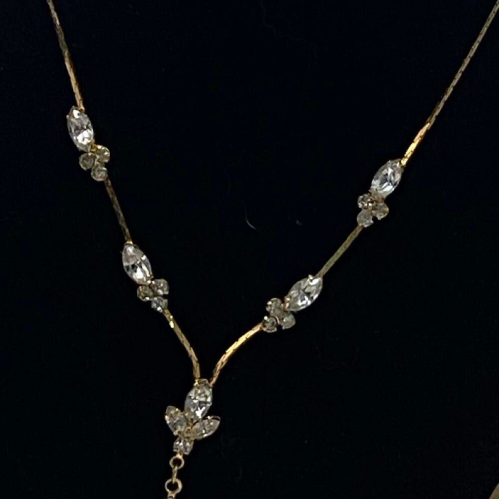Vintage Ginger Pre-2000s Gold Tone Rhinestone Y Drop Bridal Necklace 18”